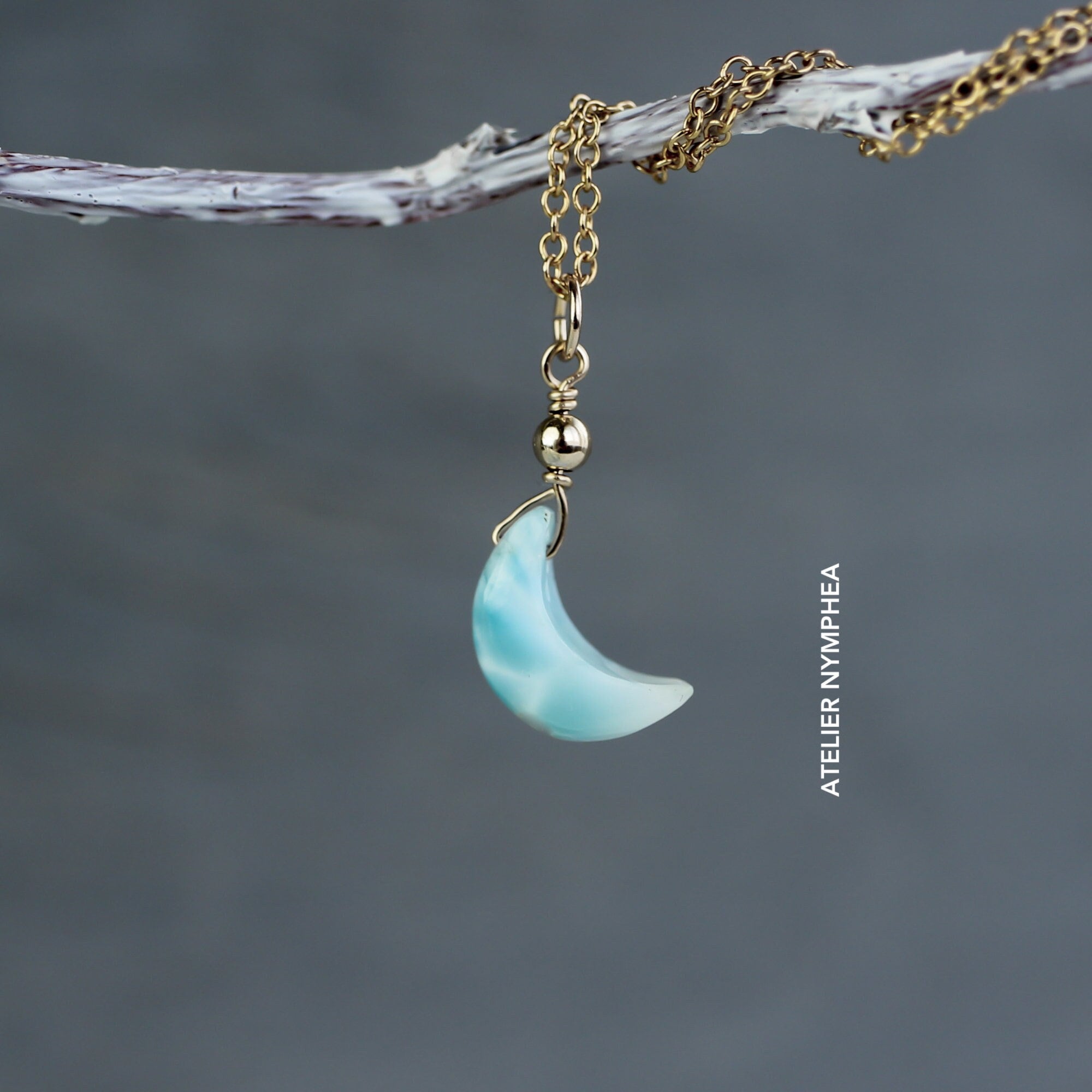 Genuine Larimar Moon Necklace: 14k Gold Filled Caribbean Stone Choker