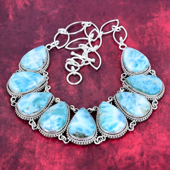 Larimar Necklace, Genuine Natural Larimar Gemstone 925 Sterling Silver Necklace, Natural Crystal Necklace Handmade Jewelry Gifts For Her