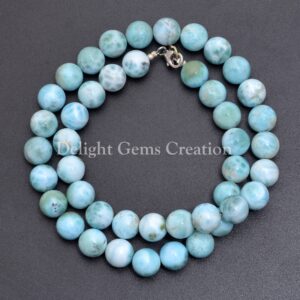 Handmade 10mm Larimar Bead Necklace – Sterling Silver Clasp, 18 Inch