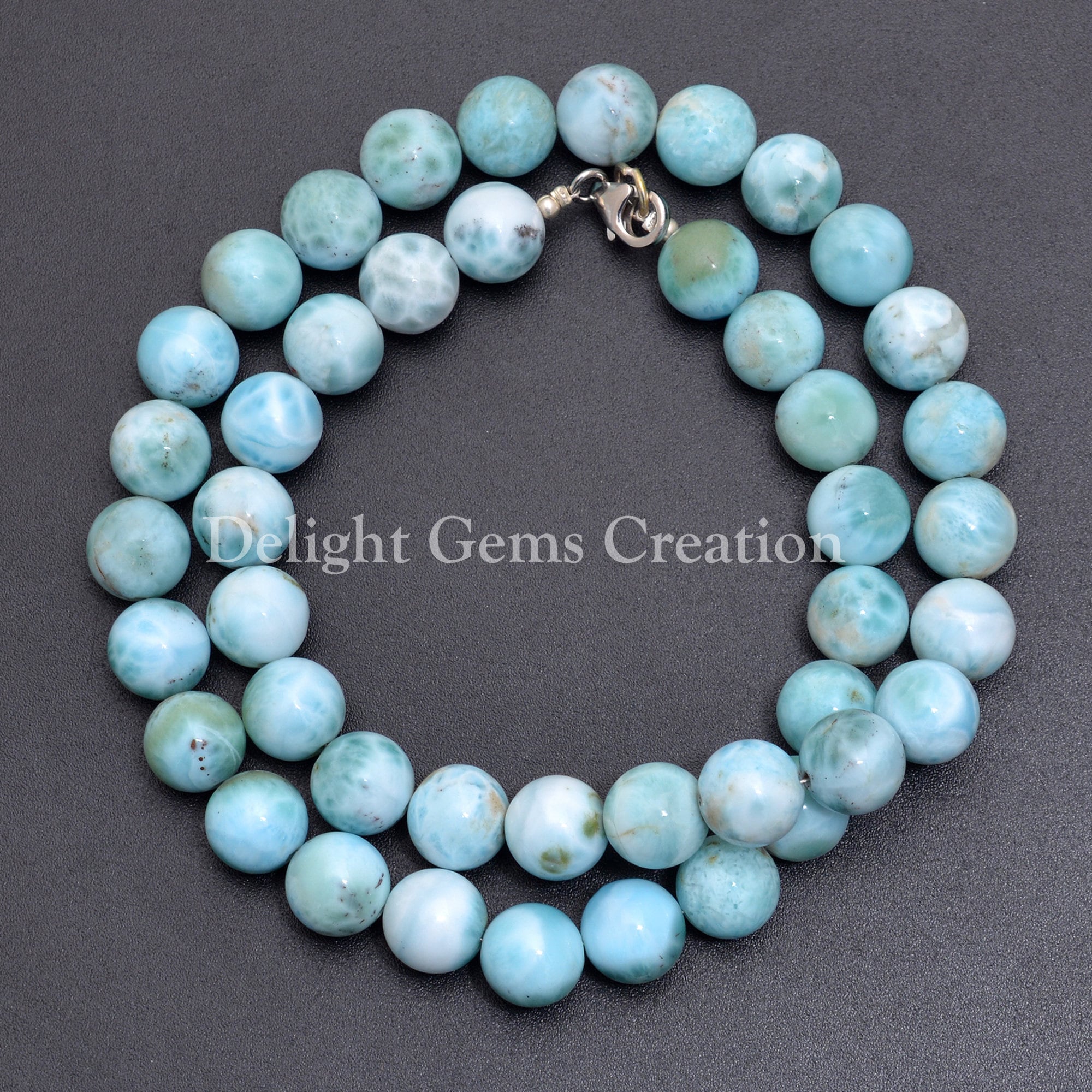 Handmade 10mm Larimar Bead Necklace – Sterling Silver Clasp, 18 Inch Handmade 10mm Larimar Bead Necklace – Sterling Silver Clasp, 18 Inch