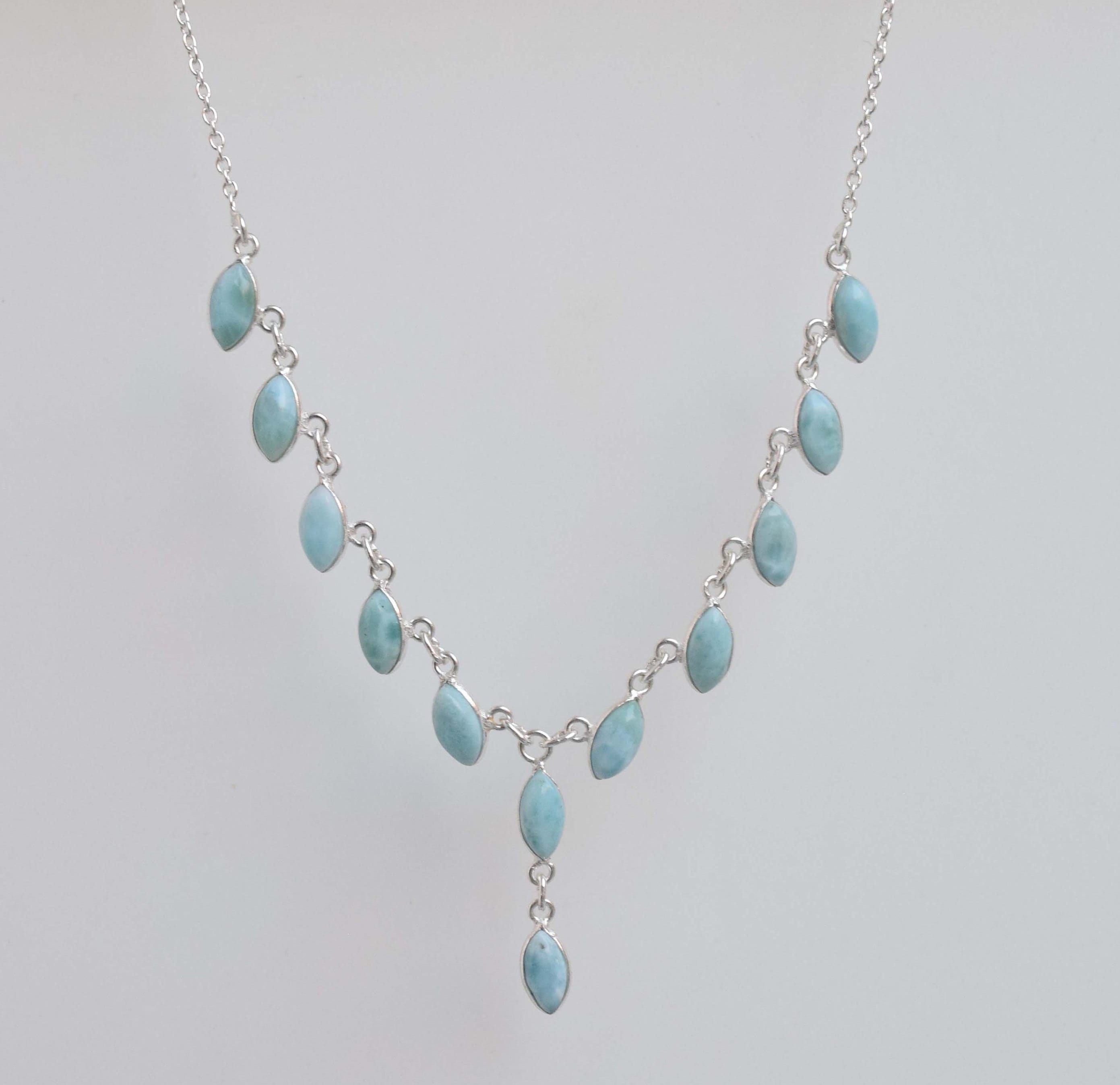 Larimar Necklace: Handmade 925 Sterling Silver Marquise Gemstone