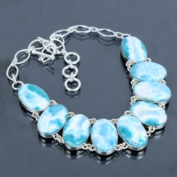 Handmade Larimar Necklace: 925 Sterling Silver Adjustable Chain