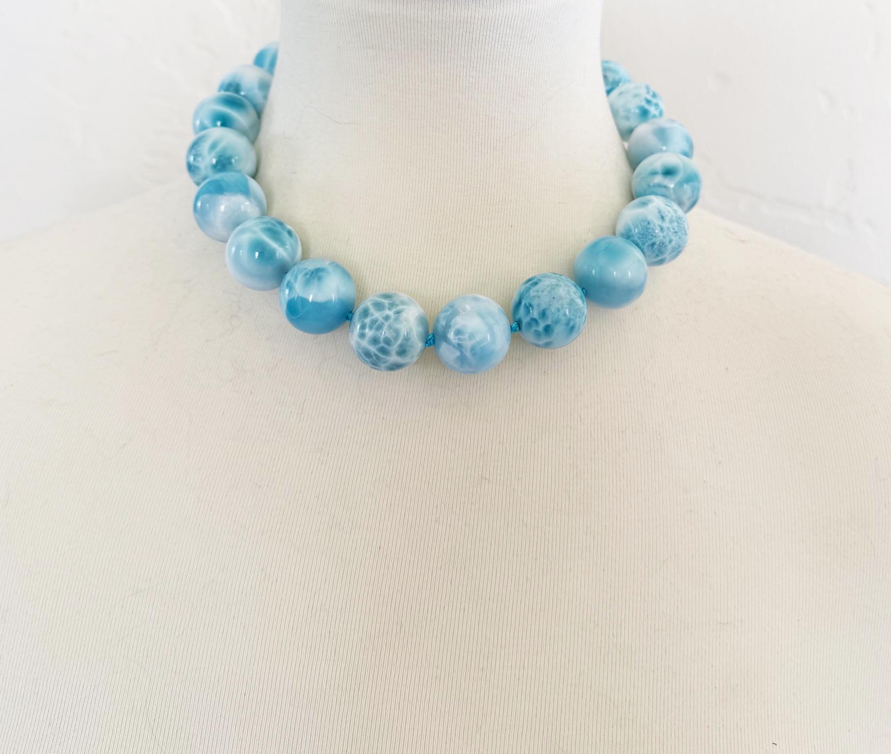 Luxury Larimar Bead Necklace - 20mm Sterling Silver Handcrafted
