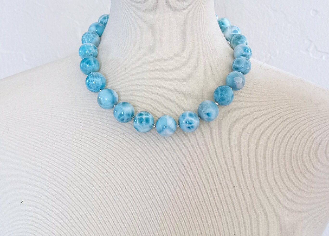 Luxury Larimar Strand Necklace - 17mm Sterling Silver Handcrafted