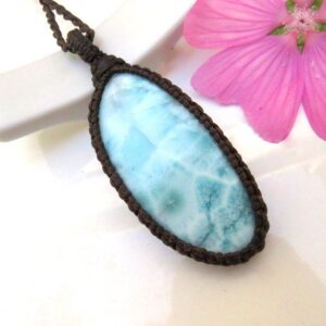 Larimar macrame necklace, Larimar gemstone, Larimar healing properties, Larimar meaning, Luxury gifts, larimar jewelry, larimar for sale