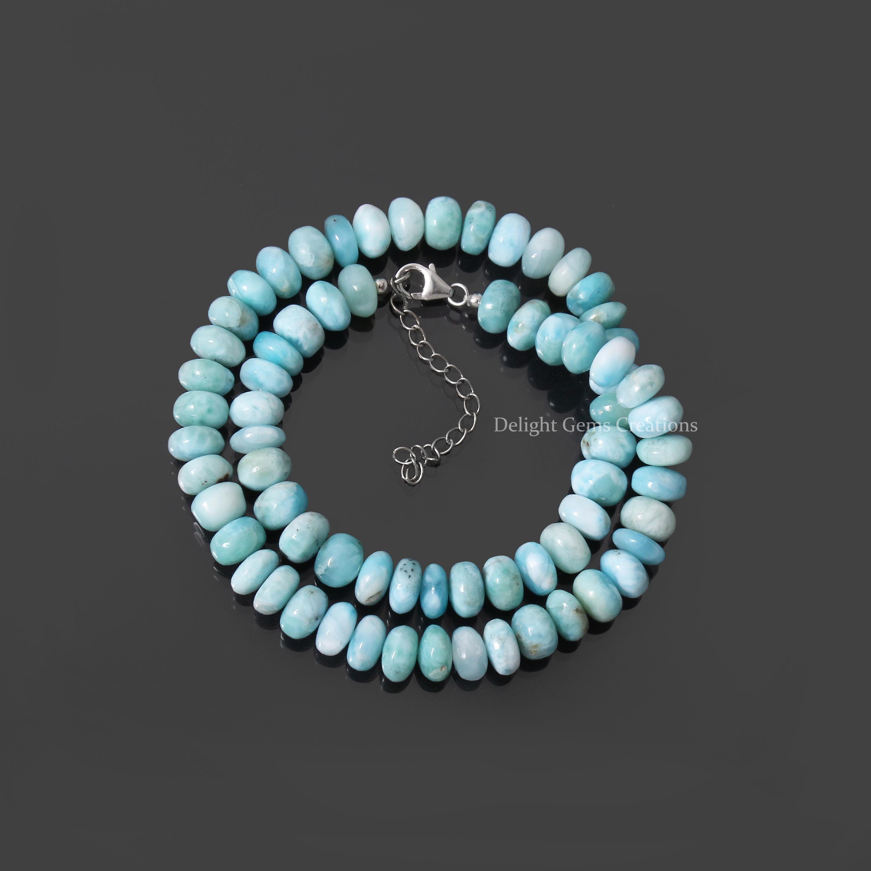 Natural Larimar Beaded Necklace, Stunning Blue Larimar Gemstones Necklace, 9mm Smooth Rondelle Beads, 18 Inch Gift For Her