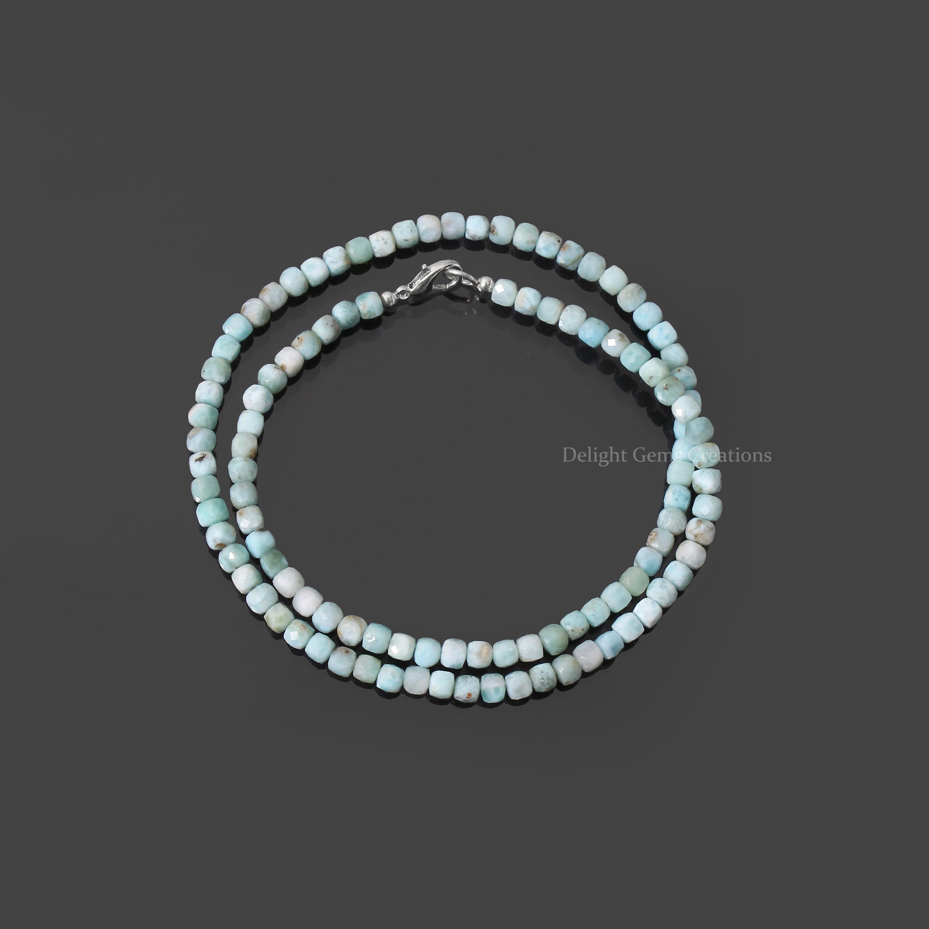 Natural Larimar Faceted Cube Beaded Necklace, 4.5mm Gemstone Jewelry Natural Larimar Faceted Cube Beaded Necklace, 4.5mm Gemstone Jewelry