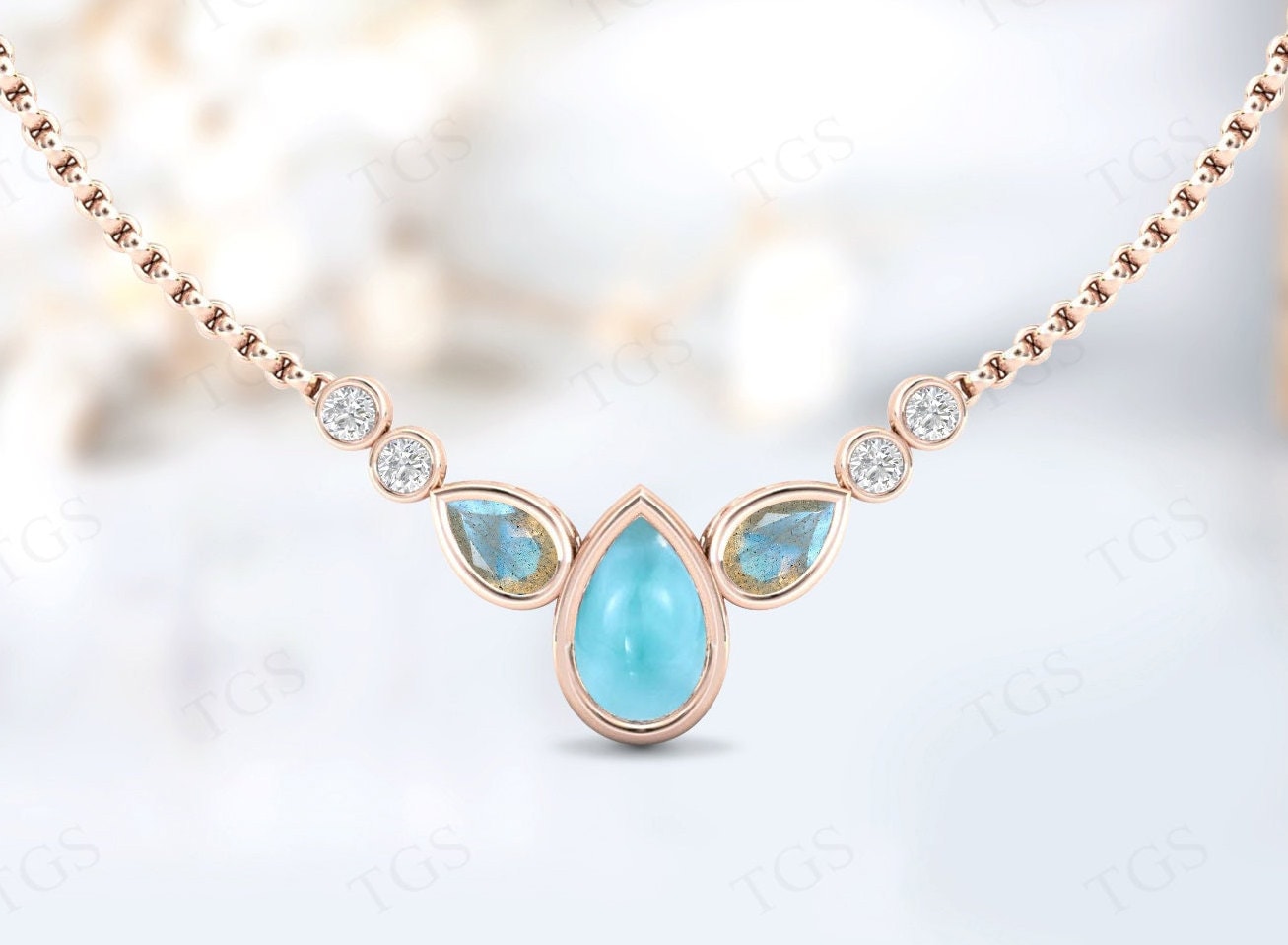Natural Larimar Necklace For Women Art Deco Larimar Pear Shaped Necklace 925 Silver Multi Gemstone Necklace Unique Larimar Wedding Necklace