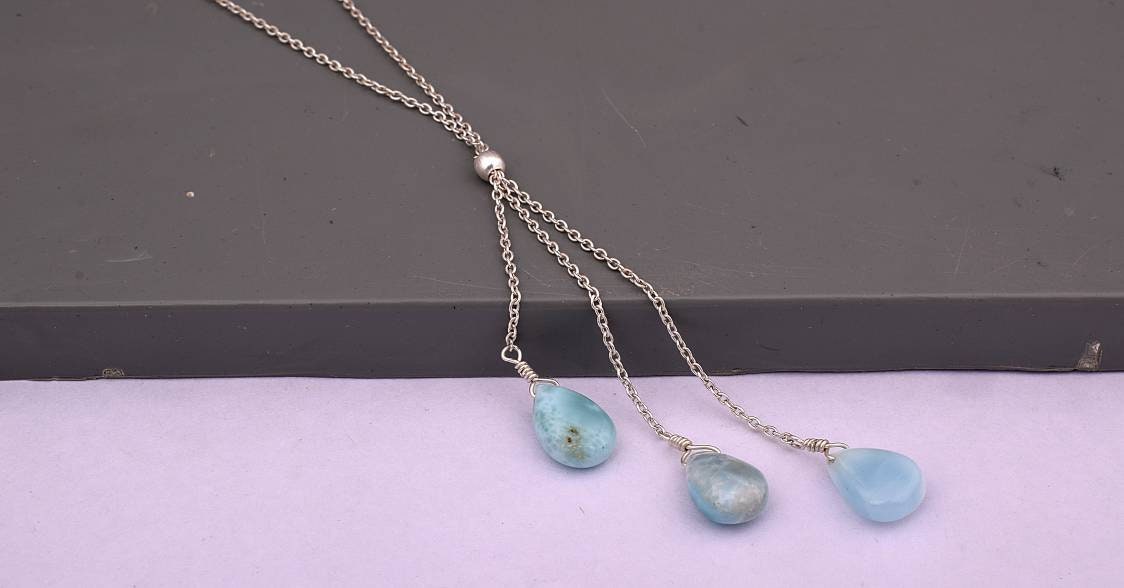 Natural Larimar Pear Necklace In 925 Sterling Silver, Layering Gemstone Jewelry, Ombre Beaded Necklace, Birthstone Gift For Her