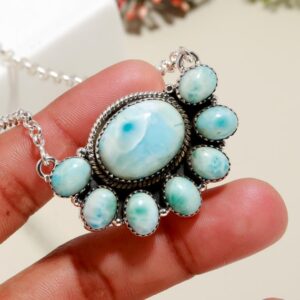 Oval Larimar Necklace: Natural Blue Gemstone, Sterling Silver Chain