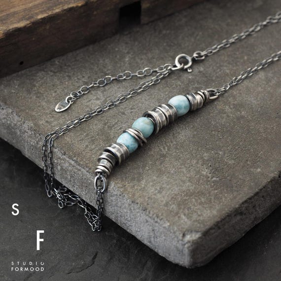 Oxidized Sterling Silver Larimar Necklace: Delicate Everyday Jewelry