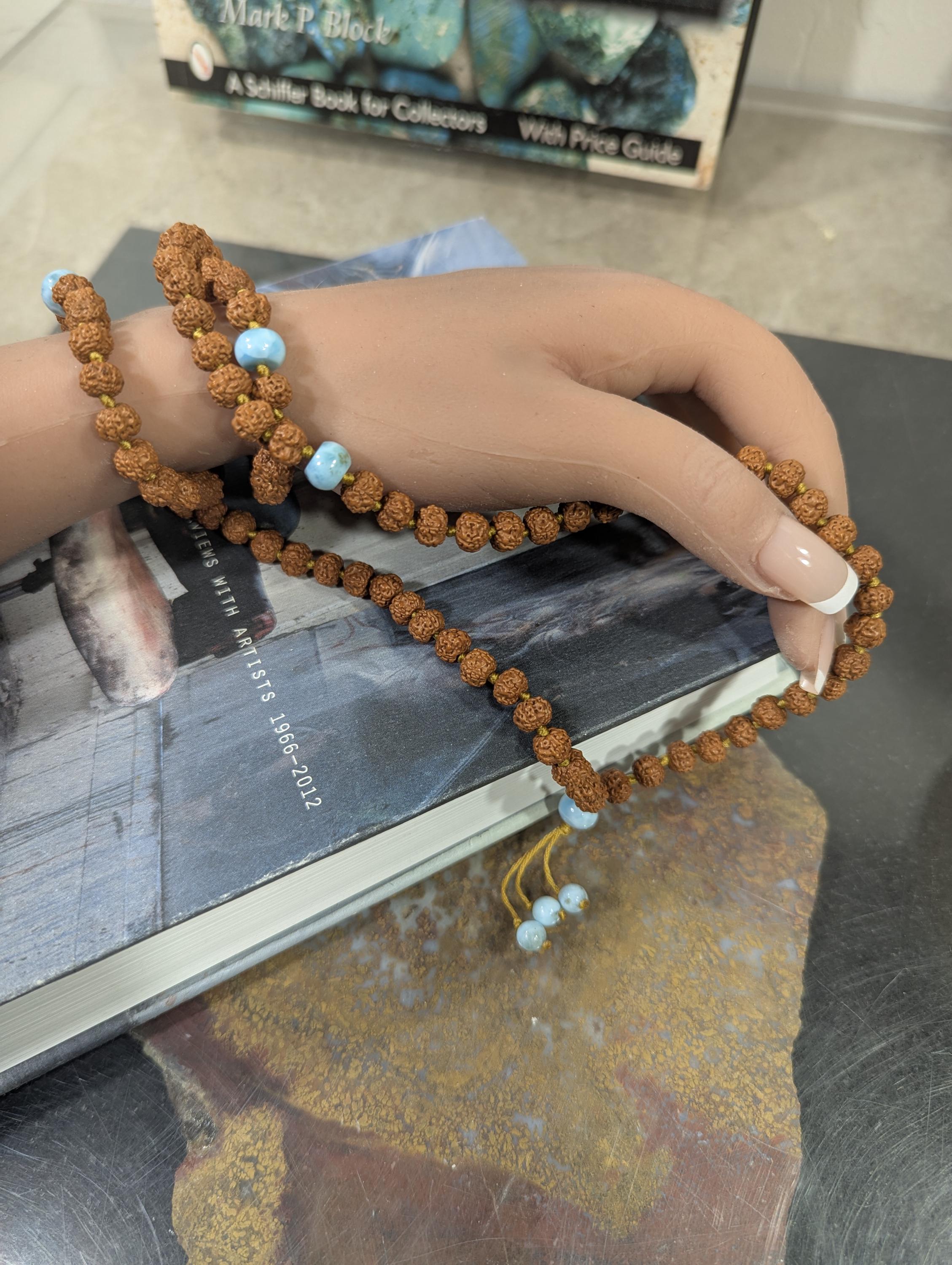 Rudraksha And Larimar Mala • Falon Rudraksha • 108+ Beaded Tassel • Knotted 6mm • Seeker's Mala • Dolphin Stone • Grounding And Peace • 6011