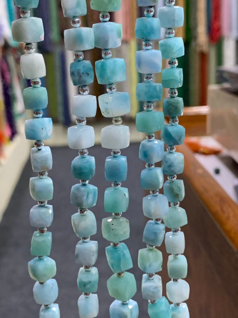 Larimar 6.5-7mm Cube Faceted Beads,natural Larimar Beads 8 Inch Strands,best Price Larimar,larimar 3d Cube Beads, Beads For Sale