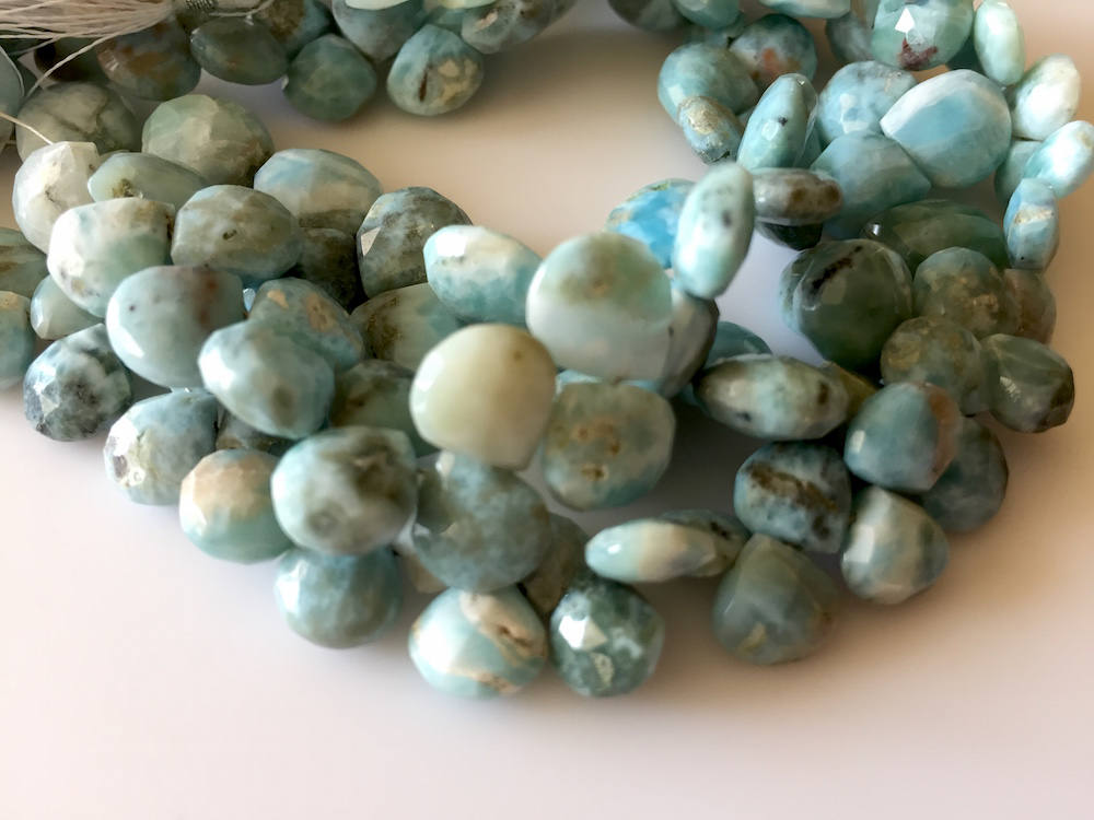 7mm To 8mm Natural Larimar Faceted Heart Shaped Briolette Beads, Larimar Jewelry, Larimar Stone, Sold As 4 Inch/8 Inch Strand, Gds709