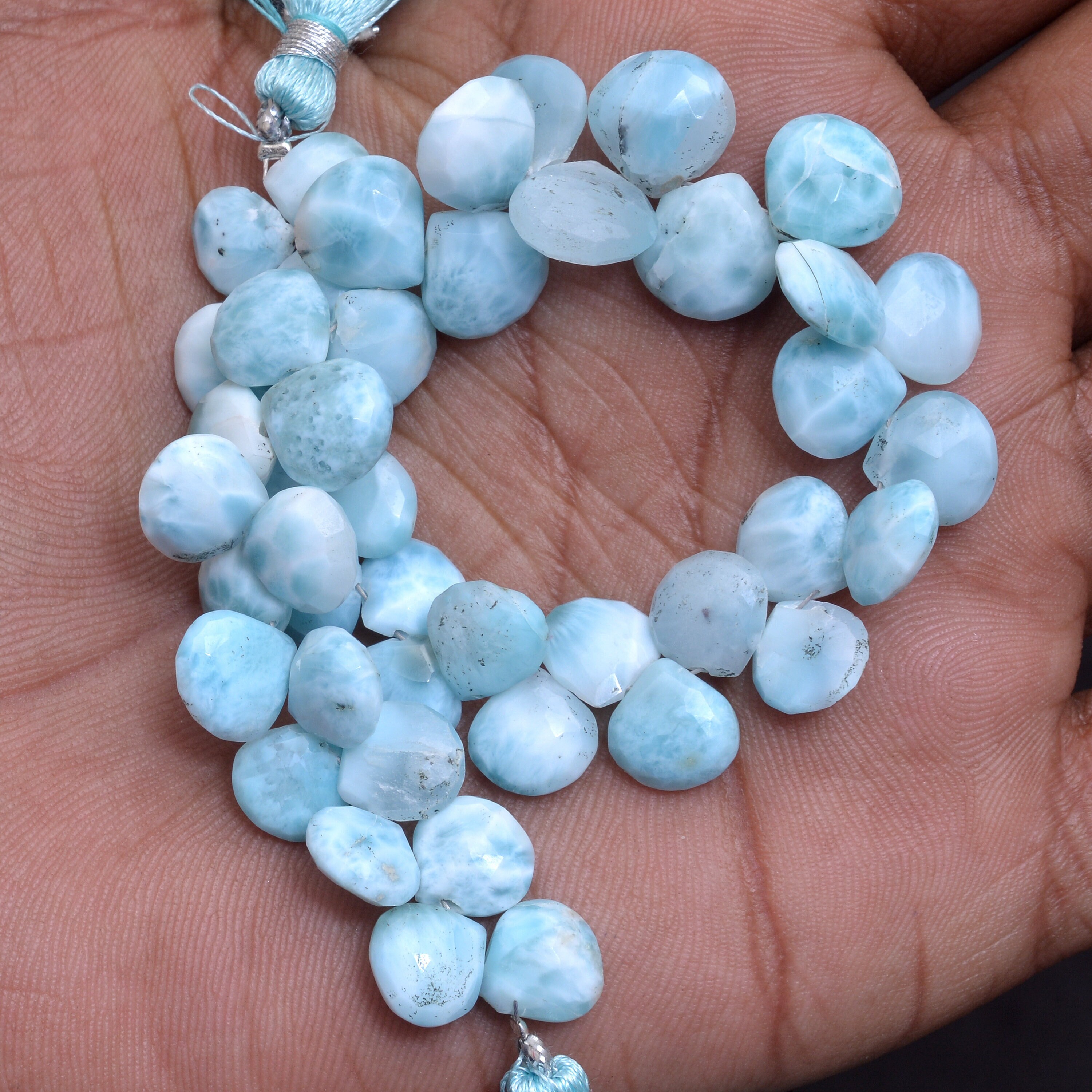 Larimar Gemstone 9mm Heart Faceted Briolette Beads | Dominican Natural Larimar Loose Semi Precious Gemstone Briolette Beads | 8inch Strand