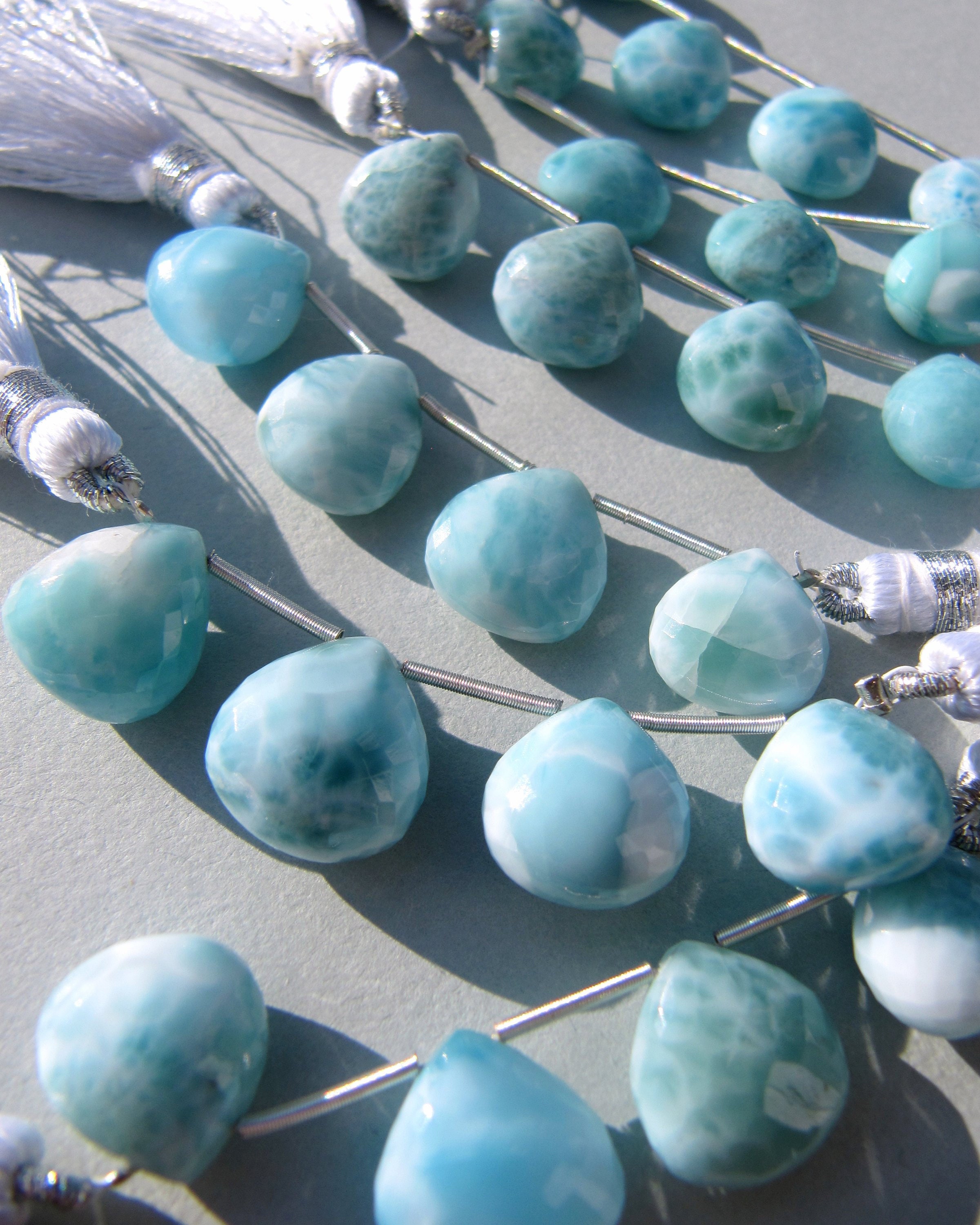 Larimar Hearts • 11-12mm • Aaa Micro Faceted • Pairs Available • Heart Drops Briolettes • Natural Gemstone Dominican • Blue White