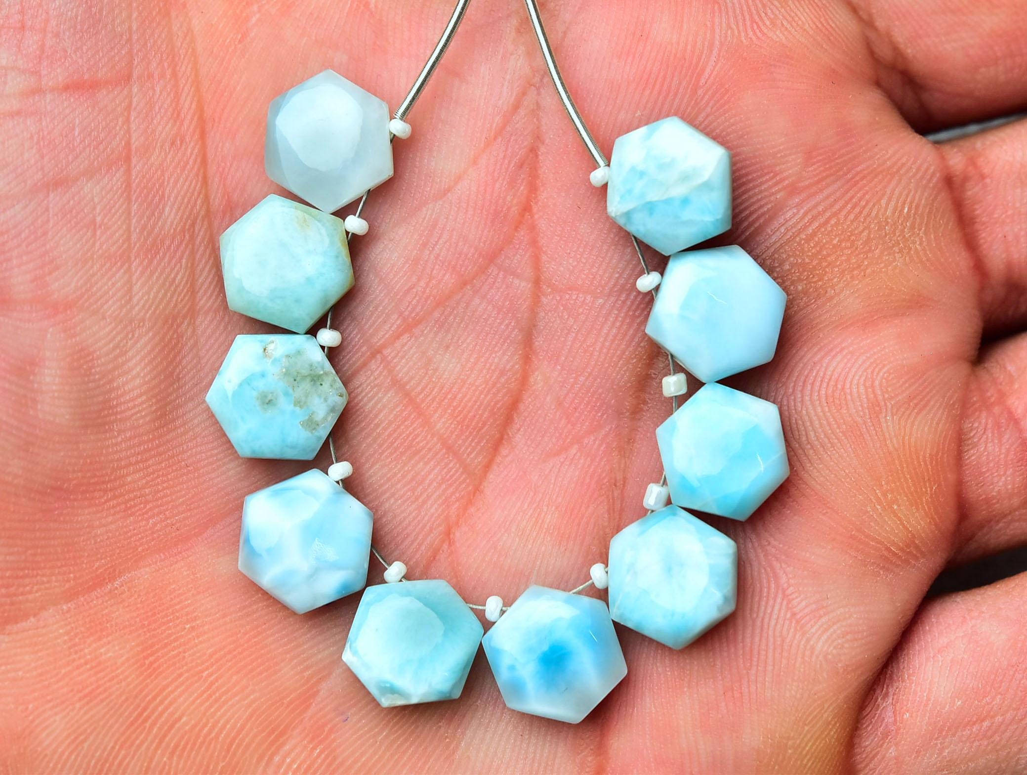 Natural Larimar Plain Hexagon Beads 10mm Smooth Hexagon Briolette Larimar Plain Beads Gemstone Beads Matched Pair Beads 6,8,10pcs No5775