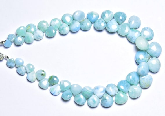 Superb Larimar Heart Briolette Beads - 8 Inches - Natural Beautiful Smooth Larimar Heart Briolettes - Side Drilled - Size Is 6.5 - 7 Mm #323