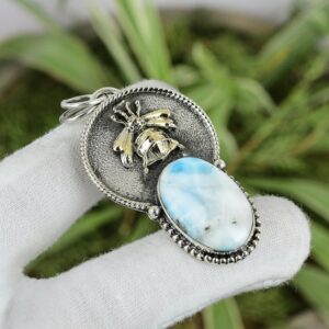 Larimar Bee Pendant: 925 Sterling Silver, 18K Gold Plated Boho Jewelry Larimar Bee Pendant: 925 Sterling Silver, 18K Gold Plated Boho Jewelry