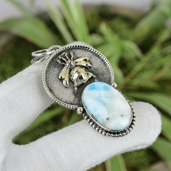 Larimar Bee Pendant: 925 Sterling Silver, 18k Gold Plated Boho Jewelry Larimar Bee Pendant: 925 Sterling Silver, 18k Gold Plated Boho Jewelry