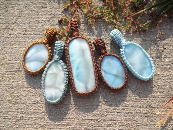 Blue Larimar Necklace, Delicate Stone Pendant, Blue Stone Macrame Pendant, Blue Stone Jewelry, Yoga Necklace Gift, Handmade Jewelry Gift