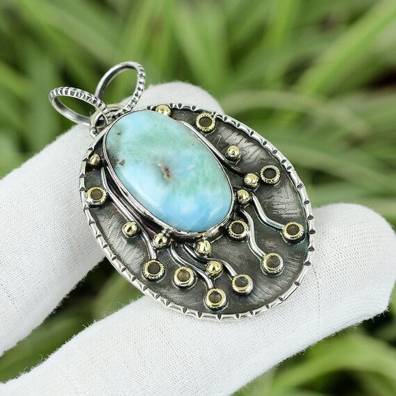Handmade Larimar Pendant: 18k Gold Plated Sterling Silver Boho Jewelry