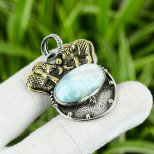 Handmade Larimar Pendant: 925 Sterling Silver, 18K Gold Plated Handmade Larimar Pendant: 925 Sterling Silver, 18K Gold Plated