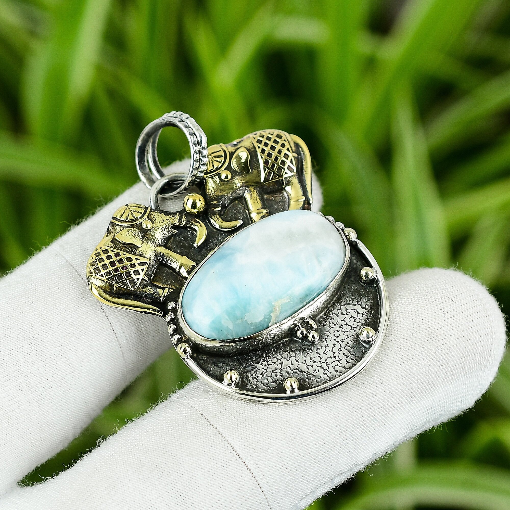 Handmade Larimar Pendant: 925 Sterling Silver, 18k Gold Plated Handmade Larimar Pendant: 925 Sterling Silver, 18k Gold Plated