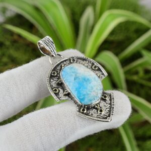 Handmade Larimar Pendant: 925 Sterling Silver, 18K Gold Plated Handmade Larimar Pendant: 925 Sterling Silver, 18K Gold Plated