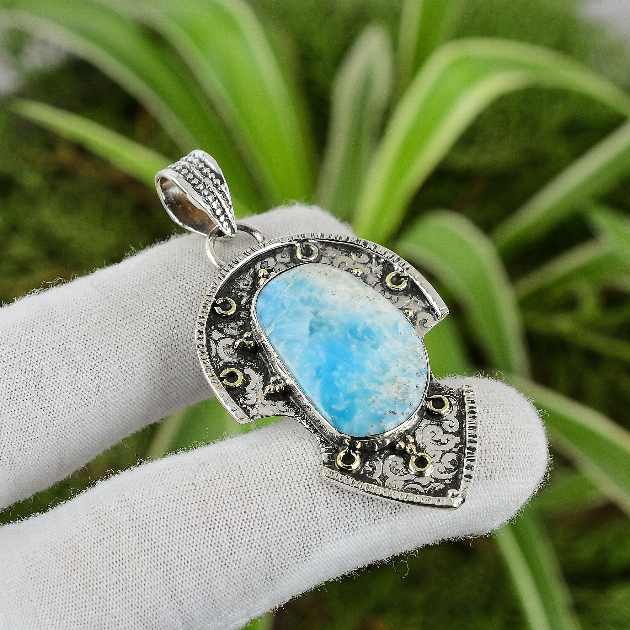 Handmade Larimar Pendant: 925 Sterling Silver, 18k Gold Plated