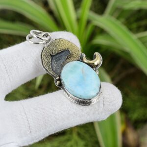 Handmade Larimar Pendant: 925 Sterling Silver, 18K Gold Plated Handmade Larimar Pendant: 925 Sterling Silver, 18K Gold Plated