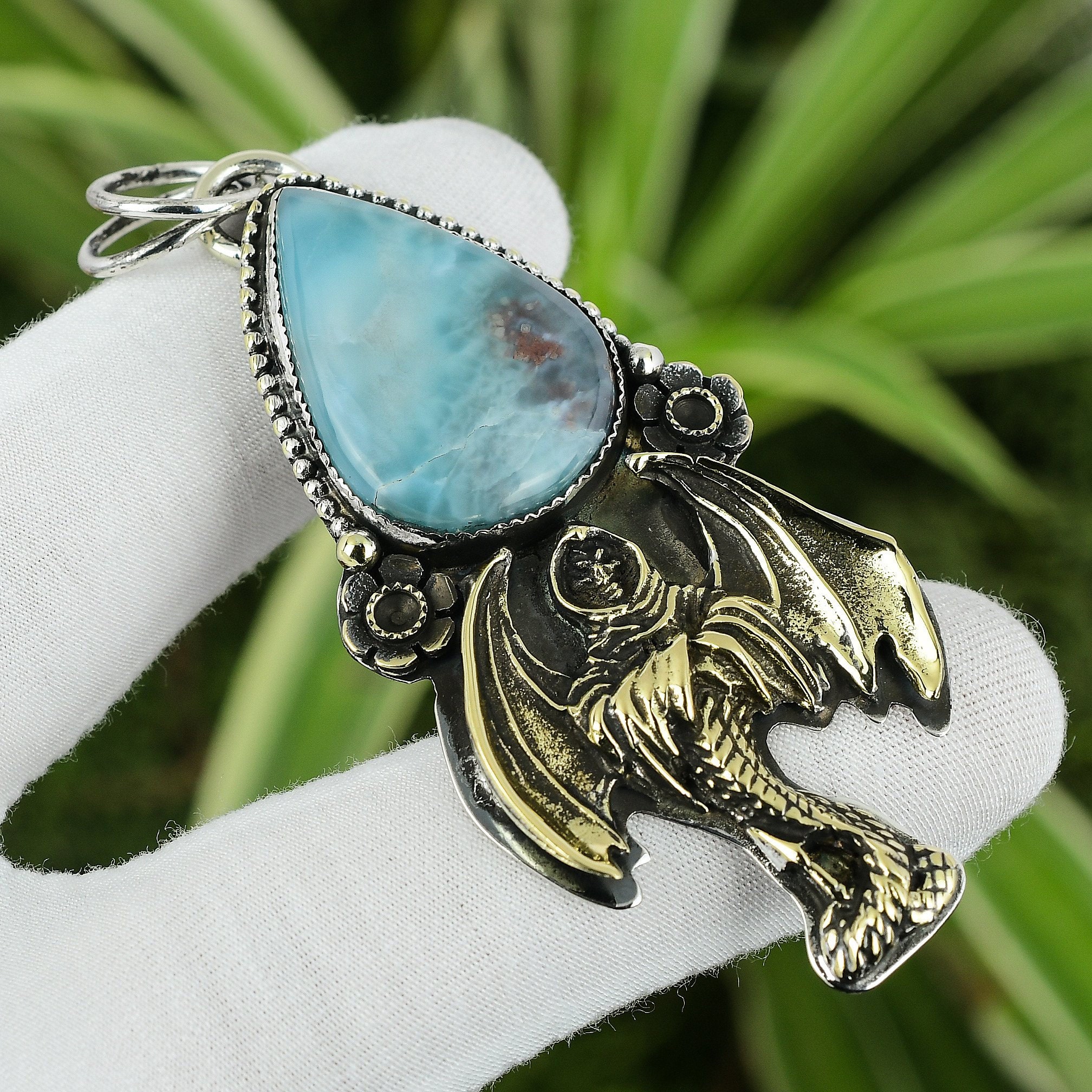 Handmade Larimar Pendant: 925 Sterling Silver 18k Gold Plated Devil Design