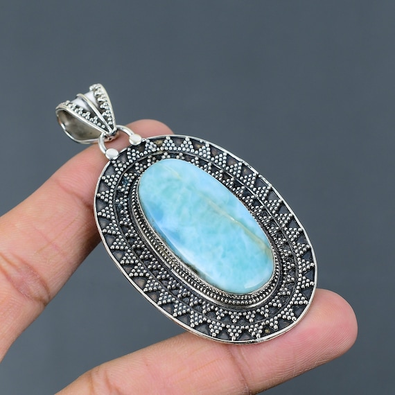 Handmade Larimar Pendant: Ethnic 925 Sterling Silver Jewelry Handmade Larimar Pendant: Ethnic 925 Sterling Silver Jewelry