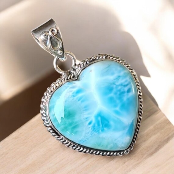 Handmade Larimar Heart Pendant: Sterling Silver Charm, Boho Necklace