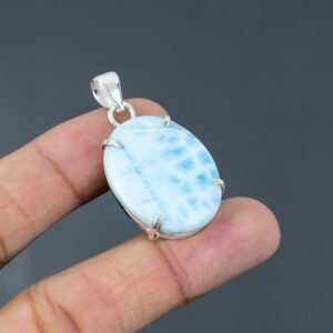 Handmade Oval Larimar Pendant: 925 Sterling Silver Gemstone Jewelry Handmade Oval Larimar Pendant: 925 Sterling Silver Gemstone Jewelry