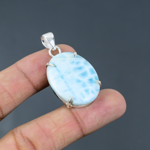 Handmade Oval Larimar Pendant: 925 Sterling Silver Gemstone Jewelry Handmade Oval Larimar Pendant: 925 Sterling Silver Gemstone Jewelry