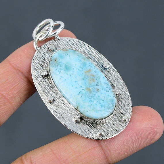 Handmade Larimar Pendant: Oval Gemstone, 925 Sterling Silver Handmade Larimar Pendant: Oval Gemstone, 925 Sterling Silver