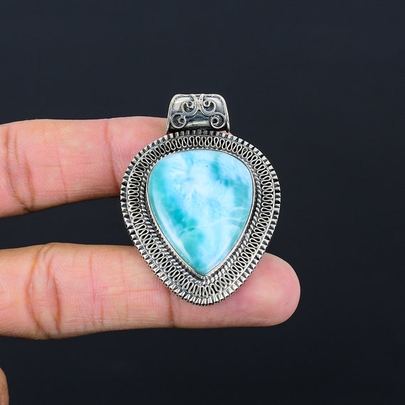 Handmade Pear Larimar Pendant: Vintage 925 Sterling Silver Jewelry