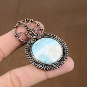 Handmade Round Larimar Pendant: Copper Wire Wrapped Gemstone Jewelry Handmade Round Larimar Pendant: Copper Wire Wrapped Gemstone Jewelry