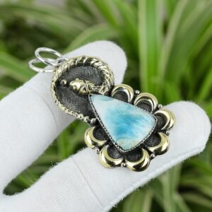 Handmade Larimar Snake Pendant: 925 Sterling Silver, 18K Gold Plated Handmade Larimar Snake Pendant: 925 Sterling Silver, 18K Gold Plated
