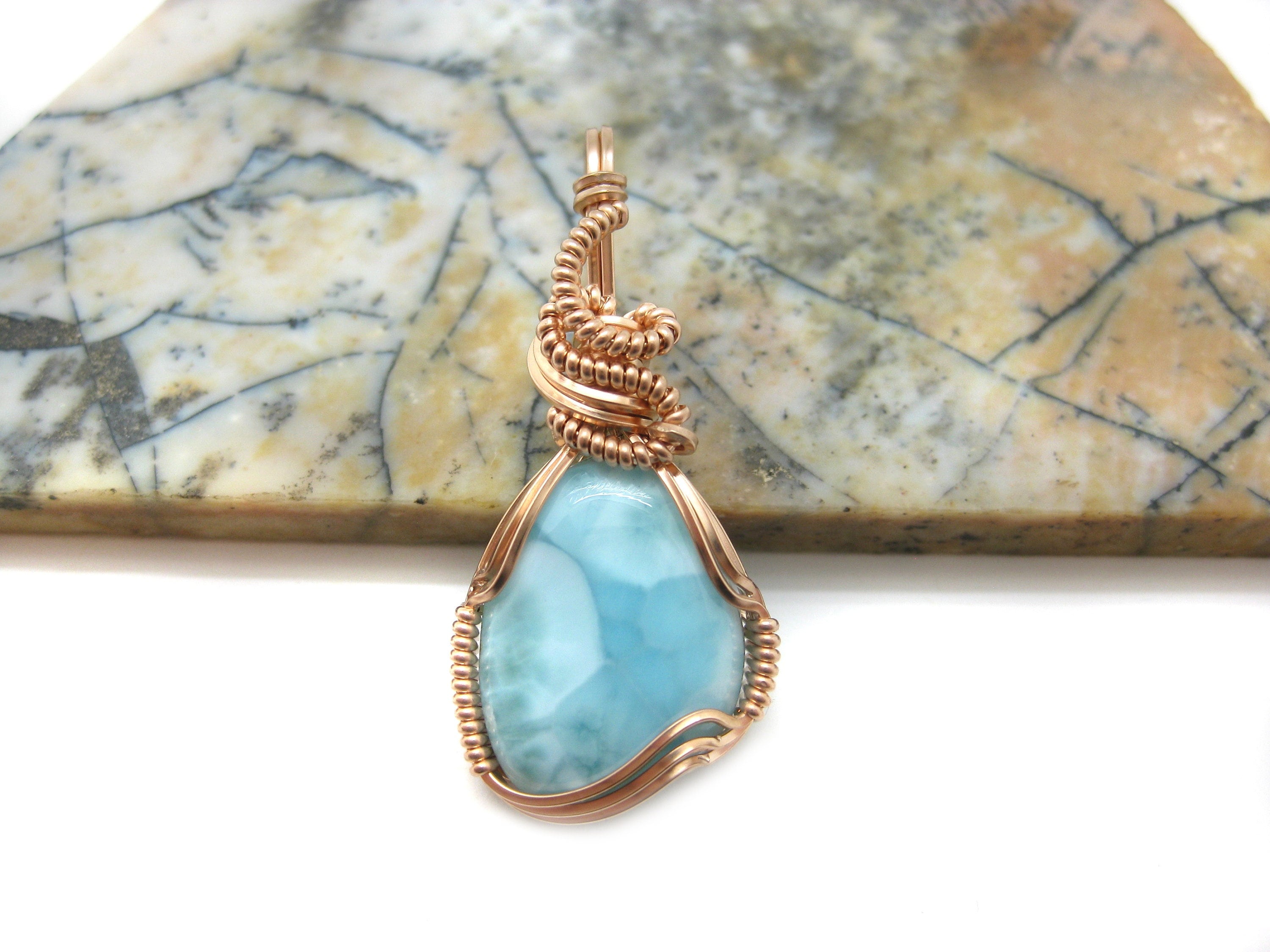 Larimar Pendant In 14k Rose Gold Filled Wire (#5) -- Gorgeous Natural Color And Pattern!