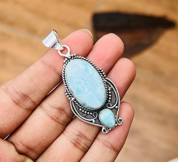 Natural Larimar Pendant, Handmade Jewellery, 925 Sterling Silver, Designer Pendant