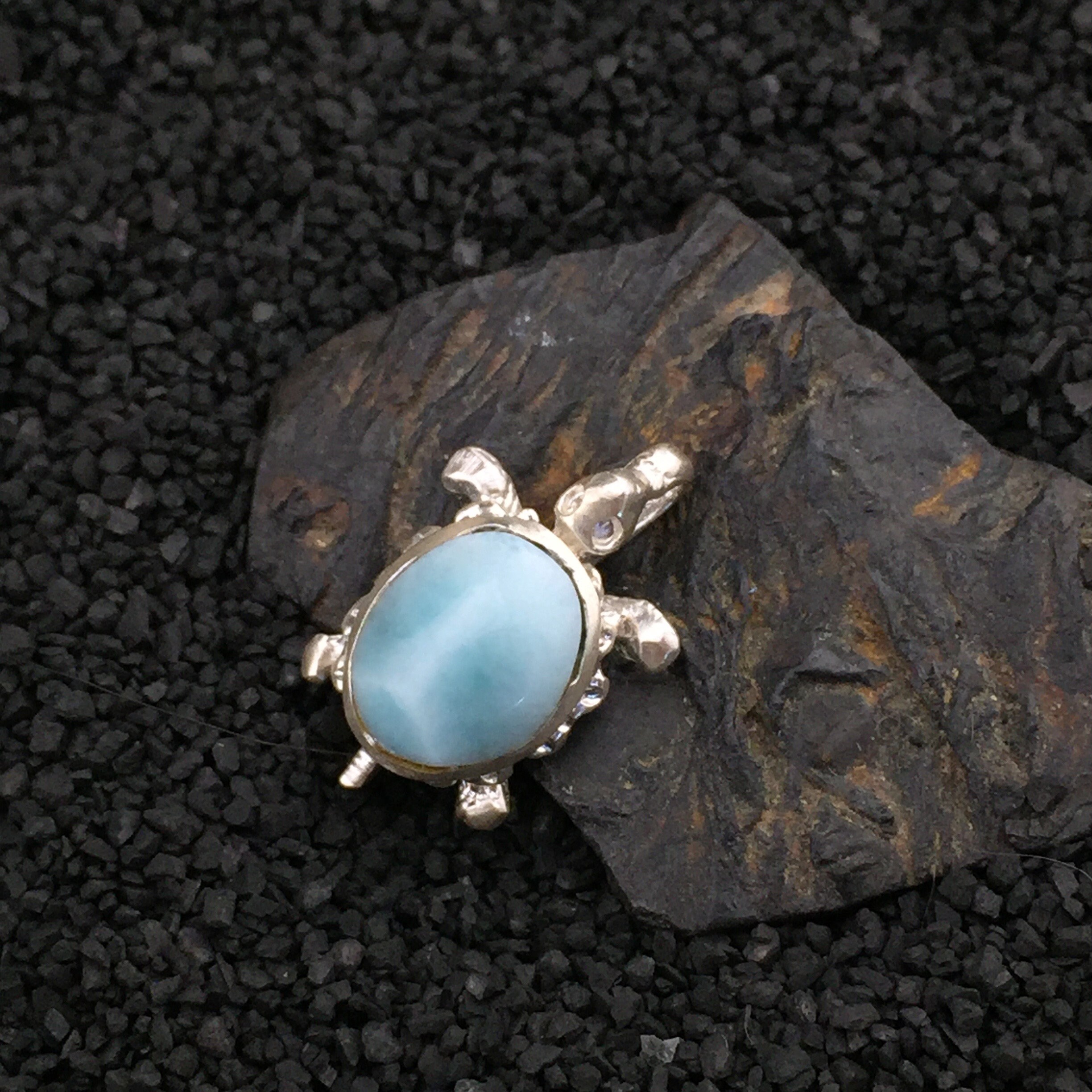 Tortoise Totem: Larimar Cabochon In A Sterling Silver Cast Pendant (2-15)