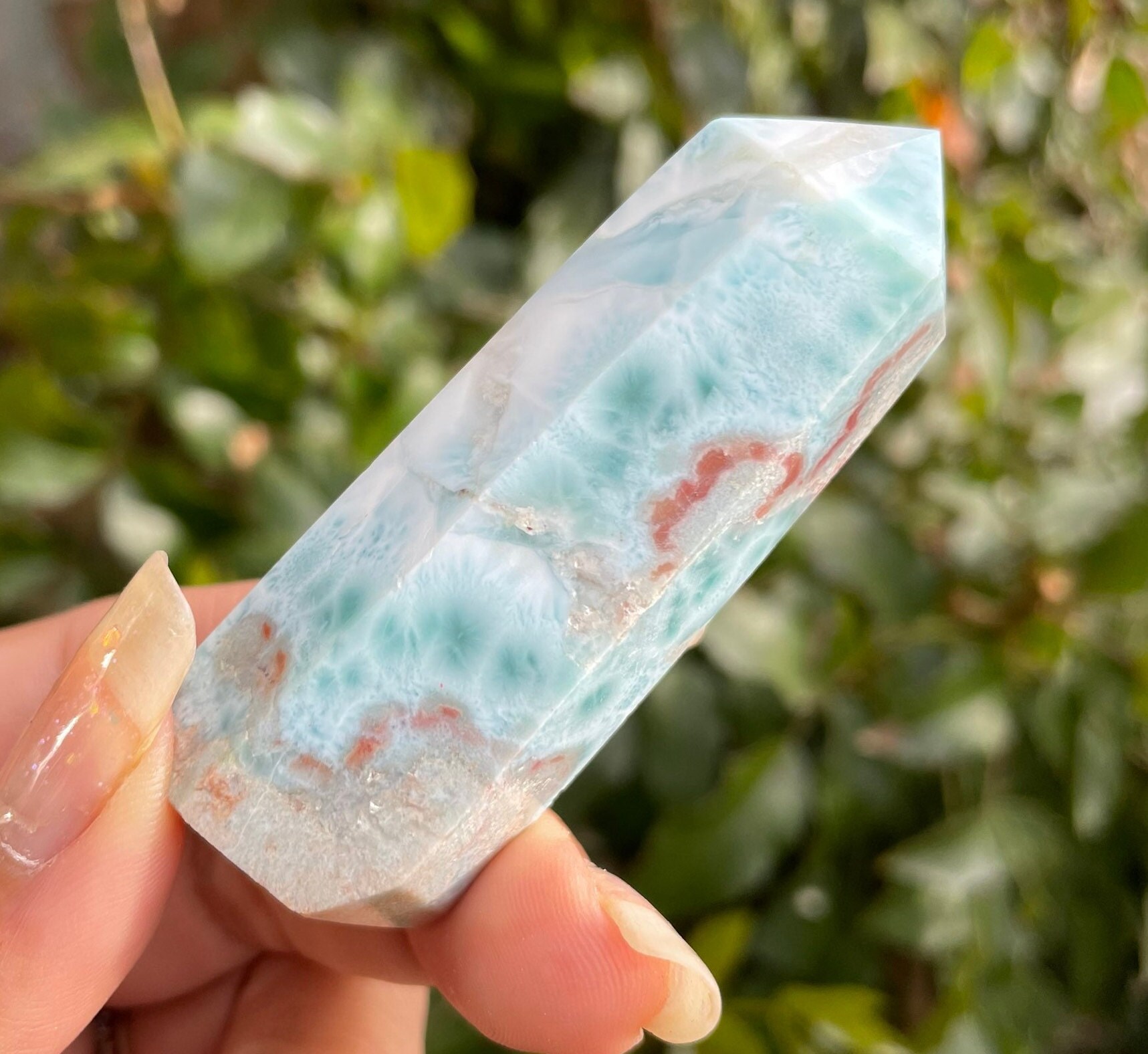 Aa Blue Larimar Crystal Tower: Dominican Pectolite Point (63.77g) Aa Blue Larimar Crystal Tower: Dominican Pectolite Point (63.77g)