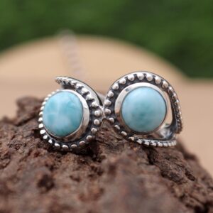 925 Sterling Silver Larimar Ring, Handmade Design With Round Blue Gemstones Ring, Boho Chic Jewelry, Unique Gift For Her, Size 7 925 Sterling Silver Larimar Ring, Handmade Design With Round Blue Gemstones Ring, Boho Chic Jewelry, Unique Gift For Her, Size 7