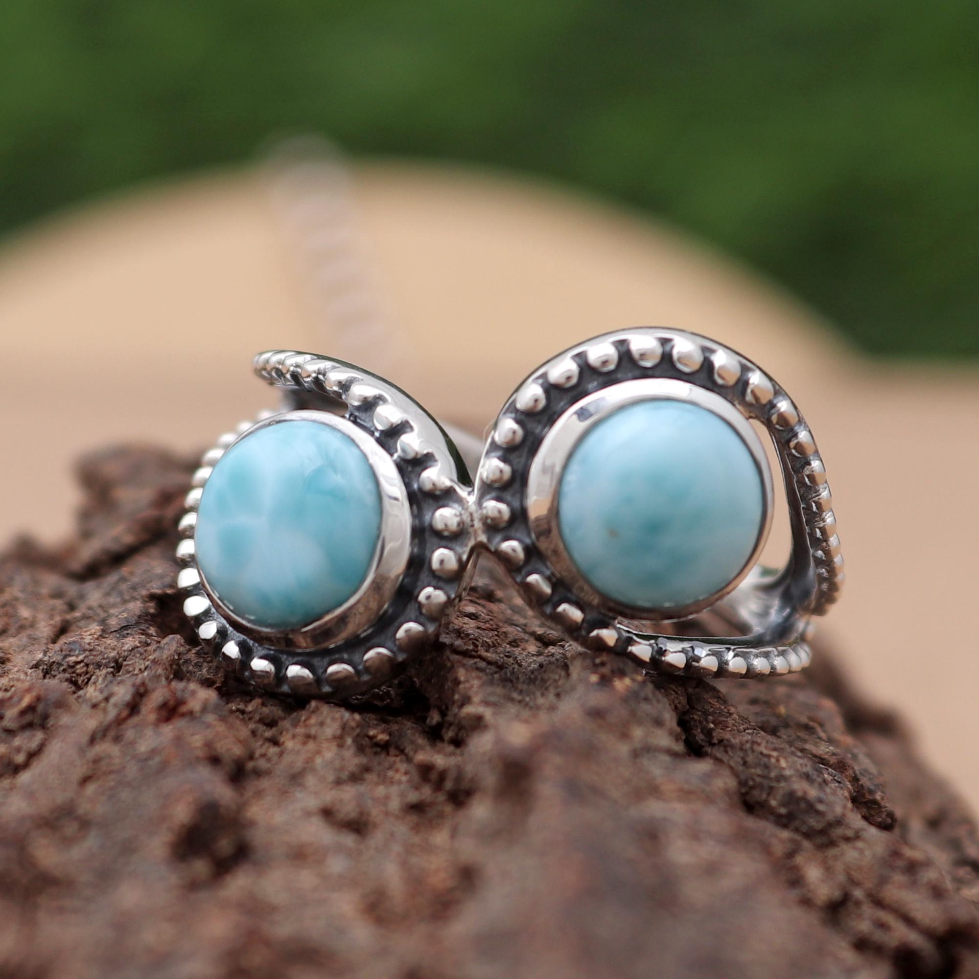 925 Sterling Silver Larimar Ring, Handmade Design With Round Blue Gemstones Ring, Boho Chic Jewelry, Unique Gift For Her, Size 7 925 Sterling Silver Larimar Ring, Handmade Design With Round Blue Gemstones Ring, Boho Chic Jewelry, Unique Gift For Her, Size 7
