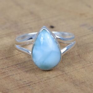 Blue Larimar Ring: Pear Gemstone, 925 Sterling Silver, Handmade Blue Larimar Ring: Pear Gemstone, 925 Sterling Silver, Handmade