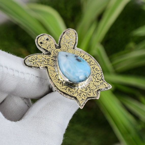 Handmade Larimar Ring: 18k Gold Plated Sterling Silver Tortoise Ring
