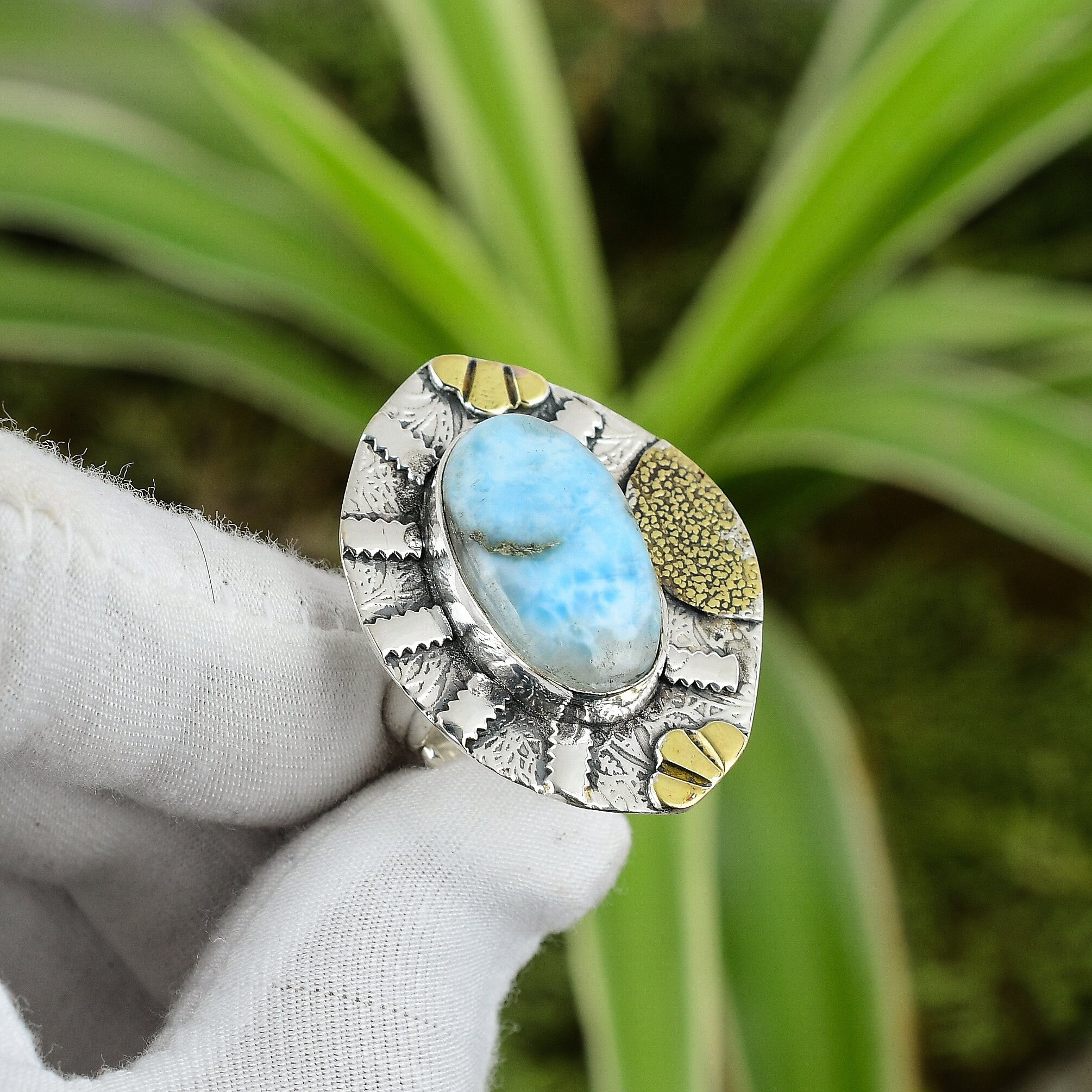 Handmade Larimar Ring: 925 Sterling Silver, 18k Gold Plated, Adjustable Handmade Larimar Ring: 925 Sterling Silver, 18k Gold Plated, Adjustable