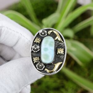 Handmade Larimar Ring: 925 Sterling Silver, 18K Gold Plated, Adjustable Handmade Larimar Ring: 925 Sterling Silver, 18K Gold Plated, Adjustable